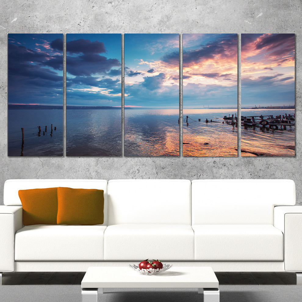 Dramatic Sky Over Sunset Lake, Large Landscape Canvas Art, 60"x28", 5 Panels