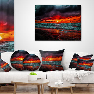 Red Sunset Over Blue Waters Seascape Throw Pillow, 16"x16"