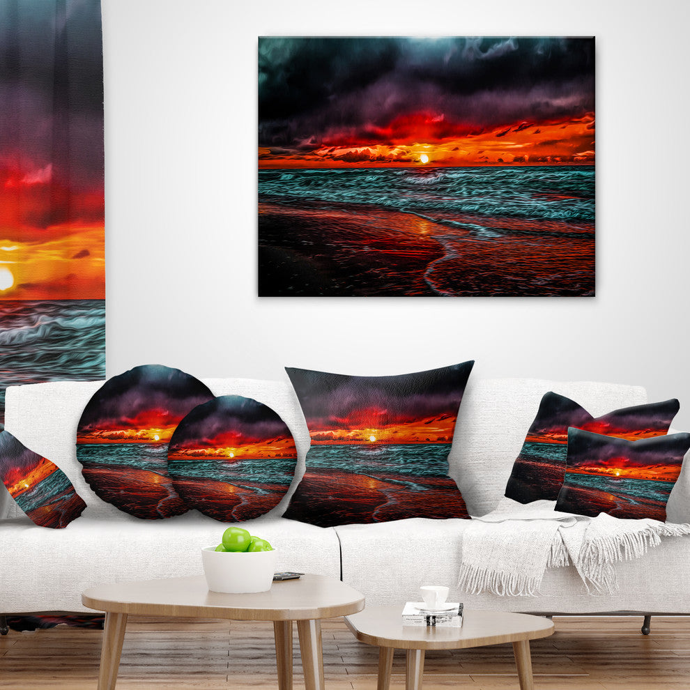 Red Sunset Over Blue Waters Seascape Throw Pillow, 16"x16"