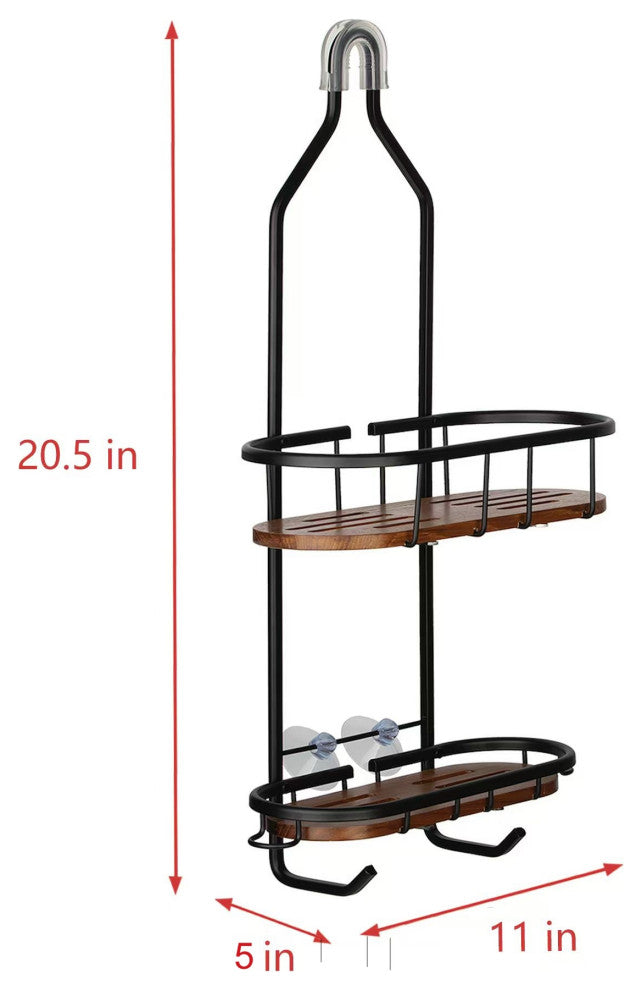 Utopia Alley Tia Rustproof Over the Shower Caddy, Teak Shelves, Matte Black