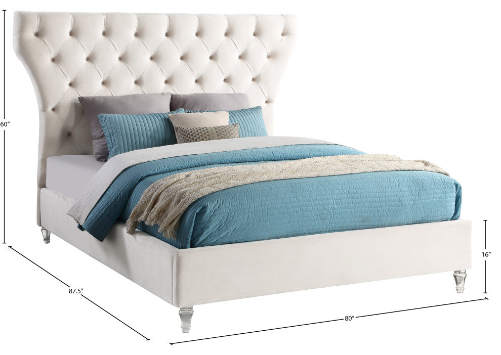 Kira Velvet Upholstered Bed, Cream, Queen