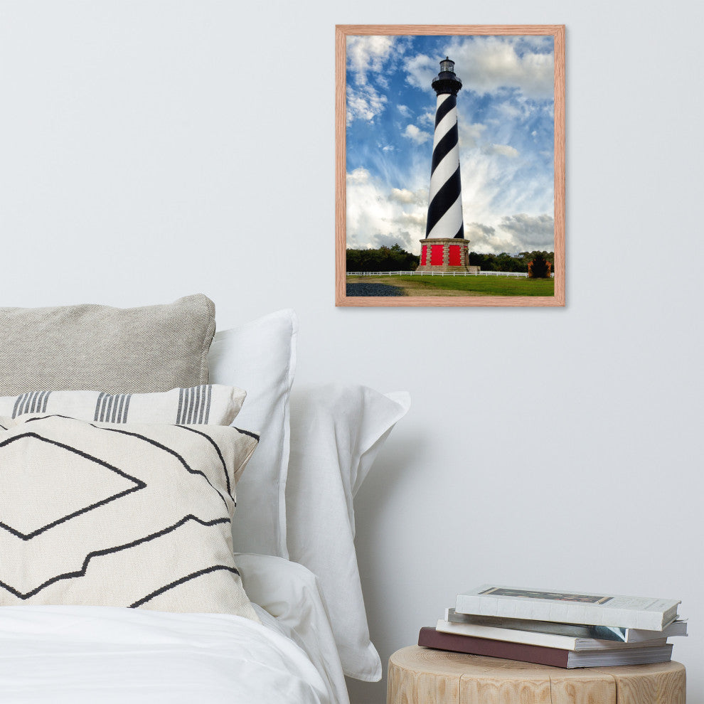 Cape Hatteras Lighthouse Coastal Landscape Framed Photo Paper Wall Art Prints, Red Oak, 16" X 20"