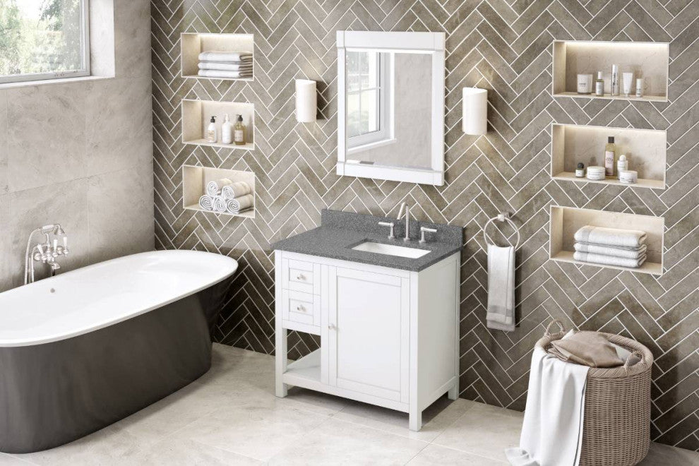 Astoria Transitional 36" White Right Offset Sink Vanity, Boulder Cultured Marble