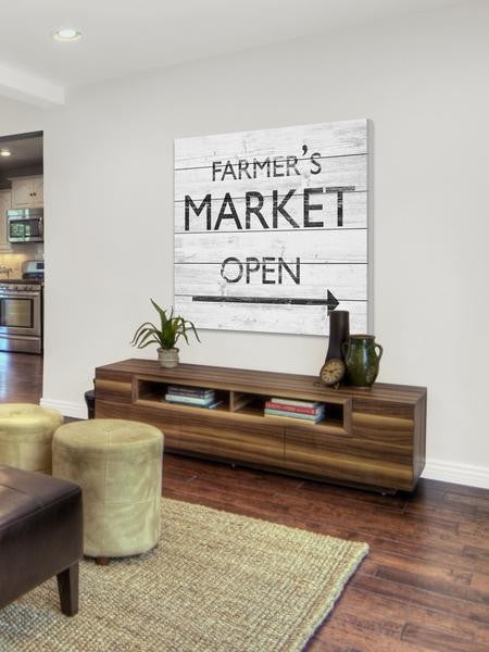 "Market Is Open" Painting Print on White Wood, 32"x32"