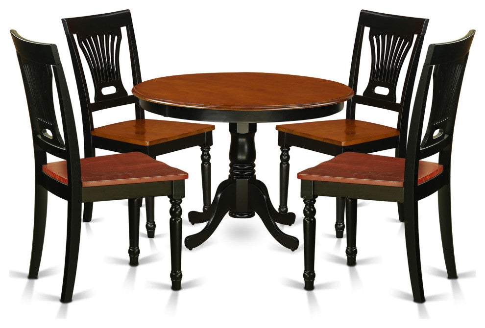 5 Pc Set, Round Small Table And 4 Wood Dinette Chairs In Black And Cherry