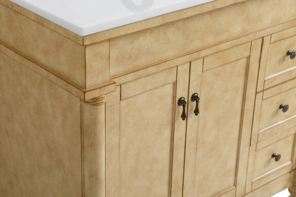 36" Single Bathroom Vanity, Antique Beige With Ivory White Engineered Marble