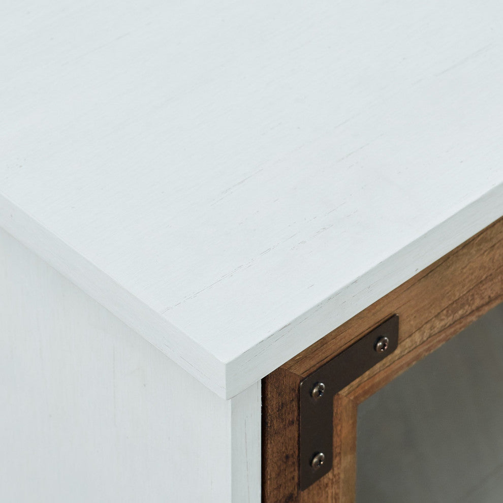 Farmhouse TV Stand, Large Design With Glass Doors & Adjustable Shelves, White