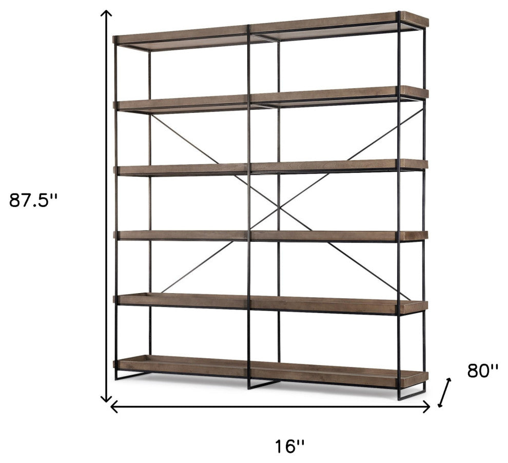 88" Black And Brown Iron and Wood Five Tier Bookcase