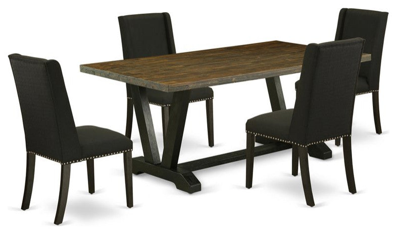 5-Piece, 4 Chairs and Table With Distressed Jacobean Table Top, Black