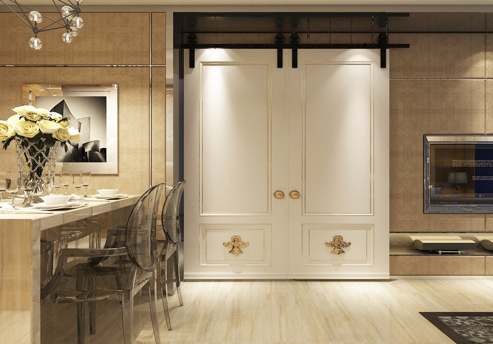 Sliding Barn Door Hardware for Double Door, Black Wheel Design, 8''