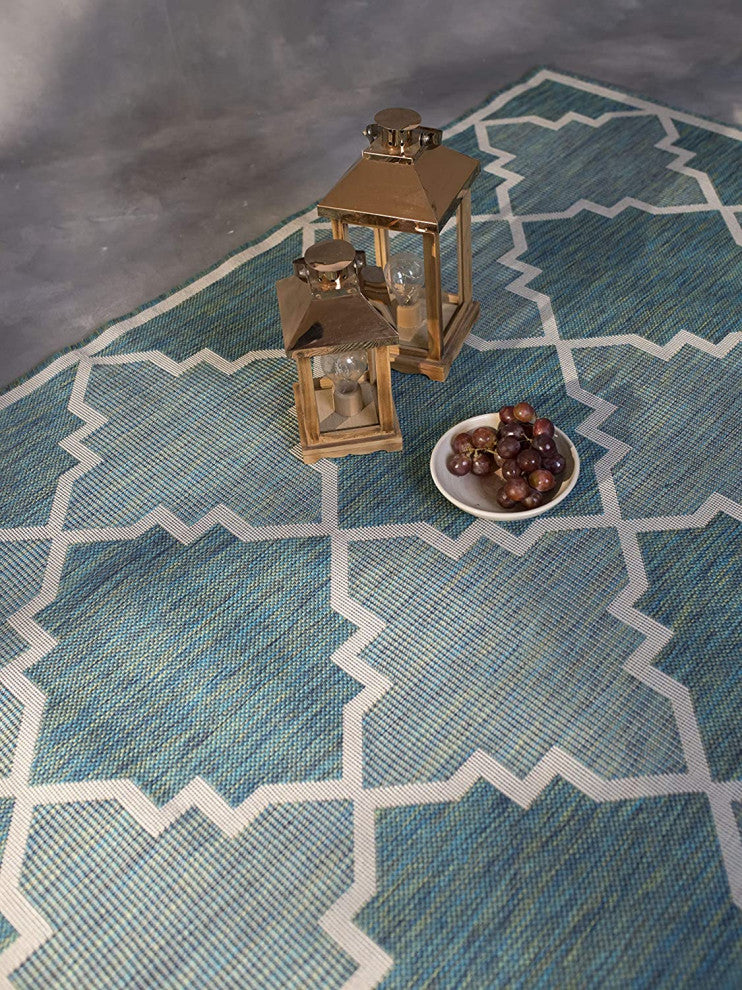 Outdoor Collection Trellis Diamond Rug Geometric Rug, Ocean, 7'10"x10'