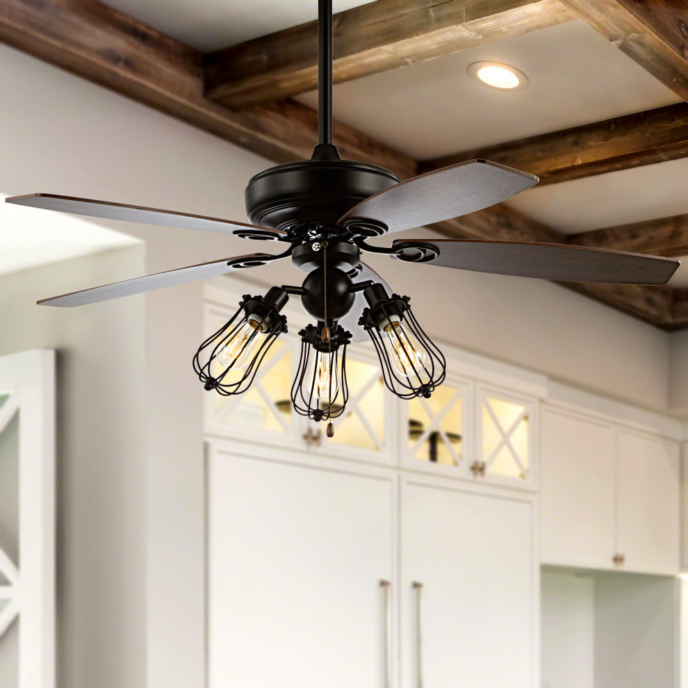 Lucas 52" Caged 3-Light Metal and Wood LED Ceiling Fan, Black