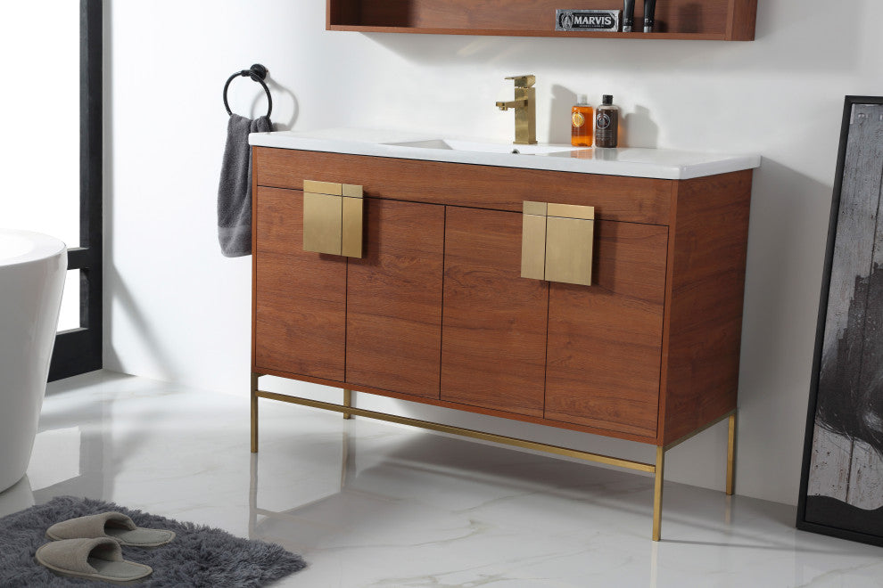 Shawbridge 48" Single Sink Bathroom Vanity, Spicy Walnut, Satin Brass Hardware