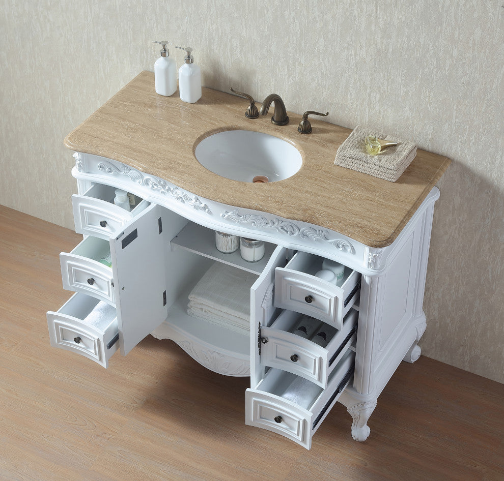 Cassandra 48" Single Sink Bathroom Vanity, White Cabinet, Travertine Marble Top