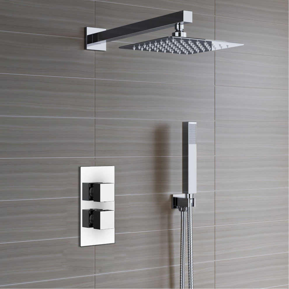 Reno Thermostatic Shower Set Ultra Thin Head, 12", Ceiling Mounted Shower Arm