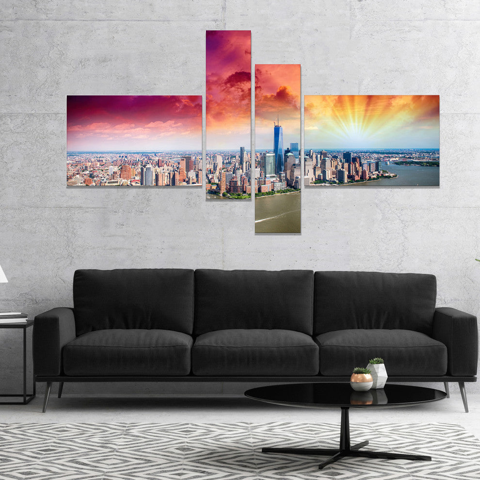 Colorful New York Skyline Aerial View, Cityscape Canvas Print, 60"x32", 4 panels