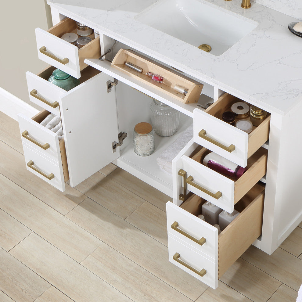 Gavino Vanity with Grain White Composite Stone Top, White/Brushed Gold, 48", No Mirror