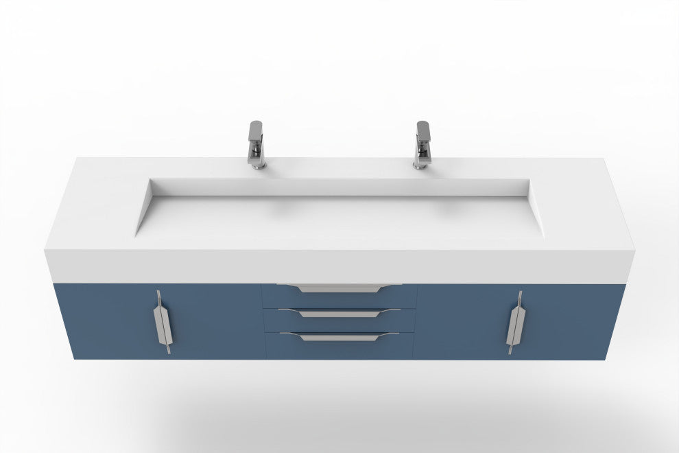 CastelloUSA Nile 72" Wall Mounted Bathroom Vanity Set, Blue, White Top, Chrome Handles
