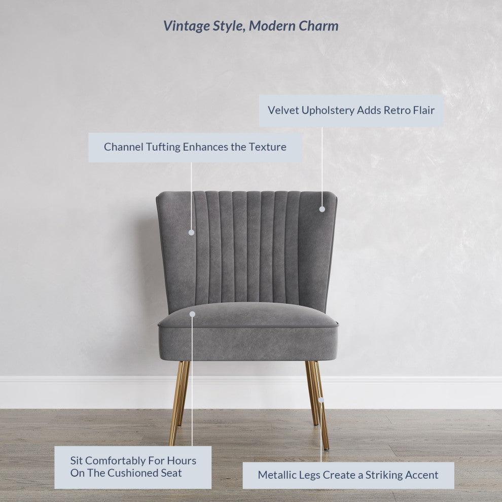 Modern Velvet Accent Chair With Metallic Legs And Channel Tufting, Gray