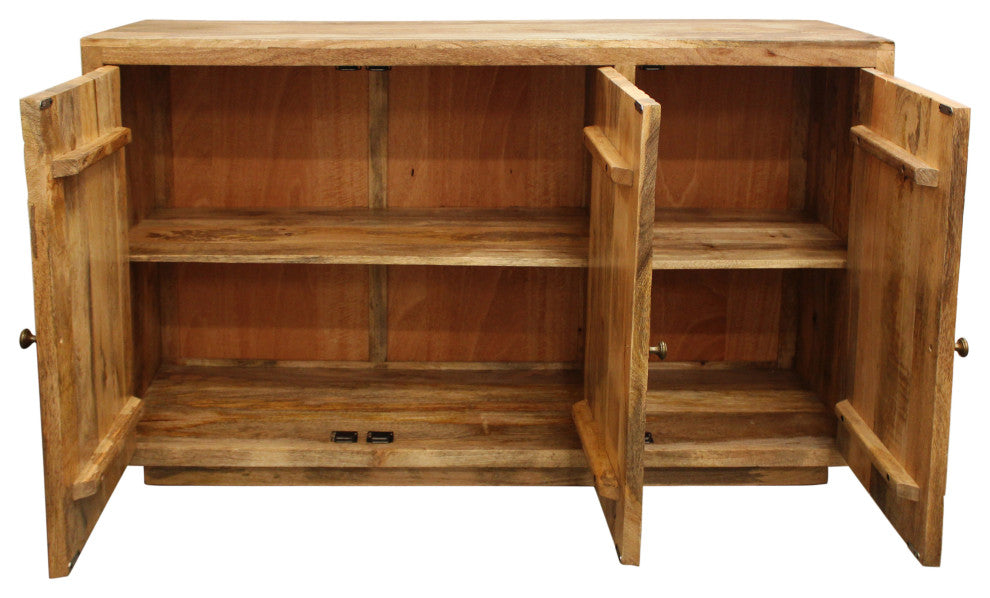Moti Sunbright 3 Hand Carved Doors Mid-Century Solid Wood Sideboard, Natural