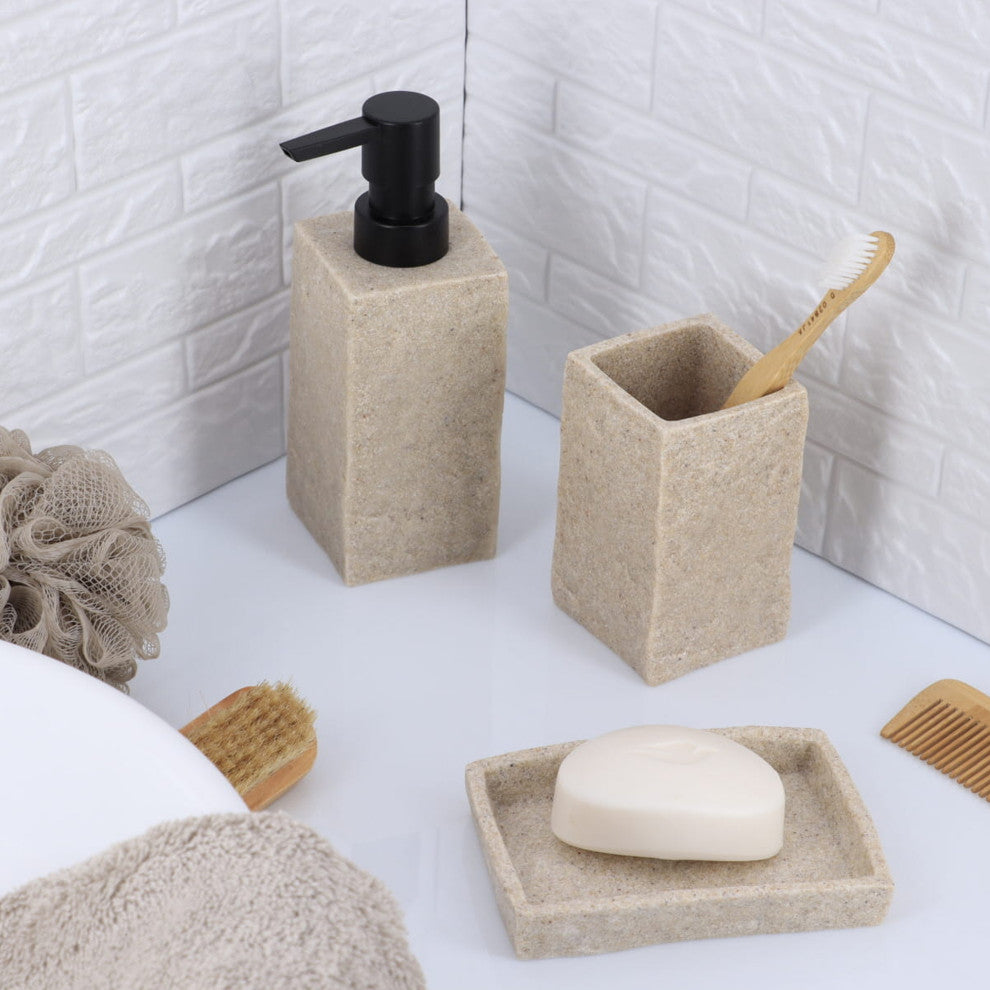Modern Square Resin Soap & Lotion Dispenser - 9 fl oz, Stone Effect Design, Natural
