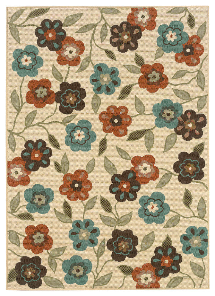 5' x 8' Brown and Ivory Floral Stain Resistant Indoor Outdoor Area Rug