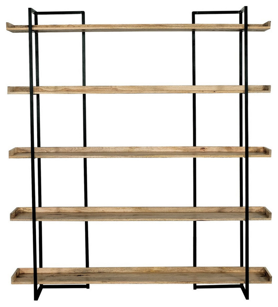 Benzara BM286429 Wide Bookshelf, Reclaimed Mango Wood Shelves, Black Metal Frame
