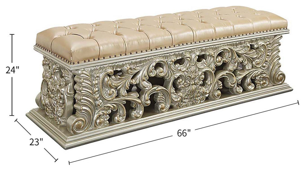 Faux Leather Upholstered Bench, Antique Gold Finish