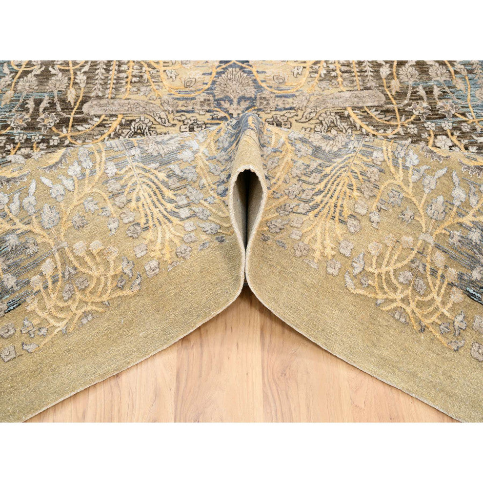 Honey Brown, Silk With Textured Wool, Hand Knotted, Oriental Rug, 9'2" x 12'0"