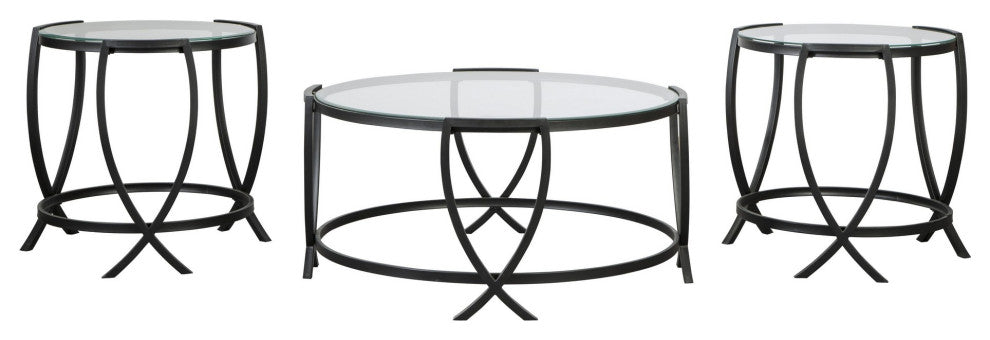 Benzara BM213280 Round Table Set With Glass Top and Geometric Metal Body, Black