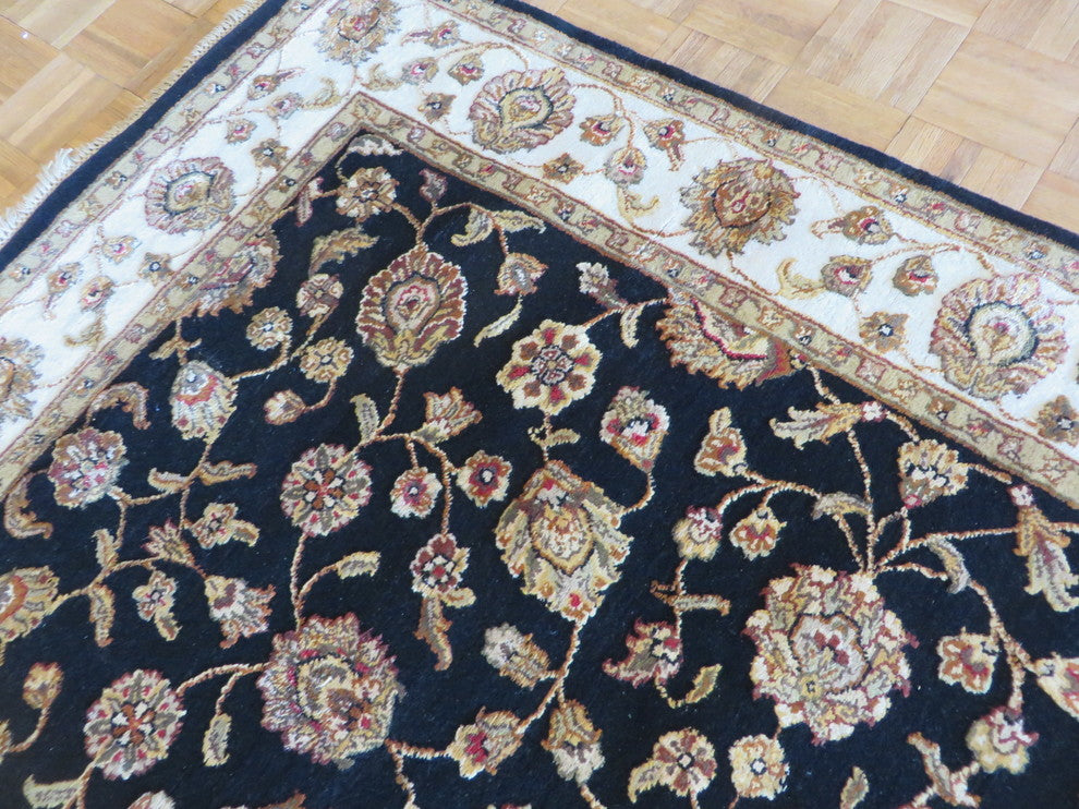 5x7 Hand Knotted Black Agra With Silk Oriental Rug