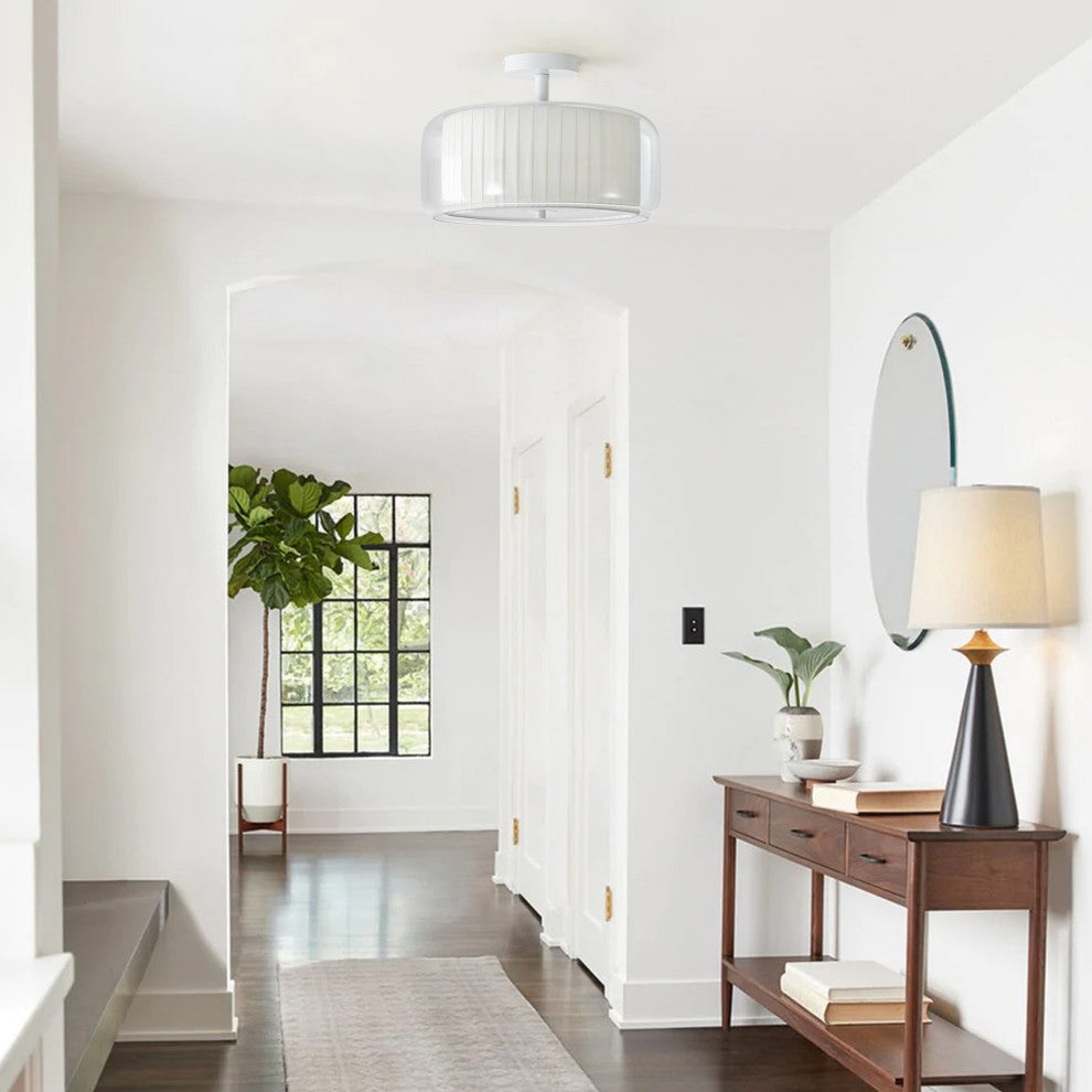 Modern 3-Light Semi Flush Mount Glass Ceiling Light with White Fabric Shade