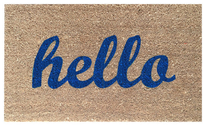 Hand Painted "Hello" Script Welcome Mat, Pacific Blue