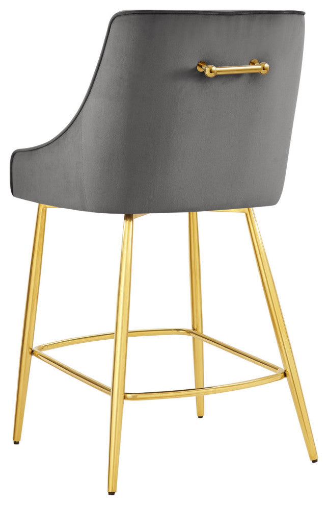 Counter Stool Chair, Set of 2, Gray, Velvet, Modern, Mid Century Lounge