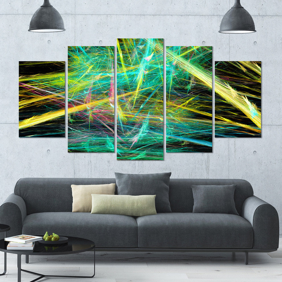 Green Yellow Magical Fractal Pattern, Abstract Canvas Art, 60"x32", 5 Panels
