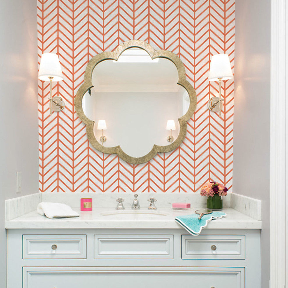 Herringbone Line Peel and Stick Vinyl Wallpaper , Orange, 24"w X 60"h