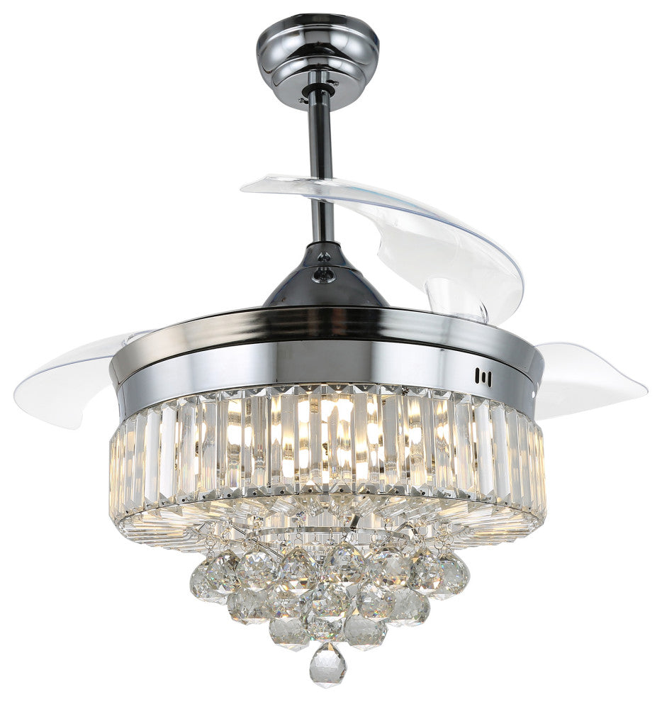 Unique Caged Ceiling Fan with Remote, LED light, Retractable Blades, Chrome