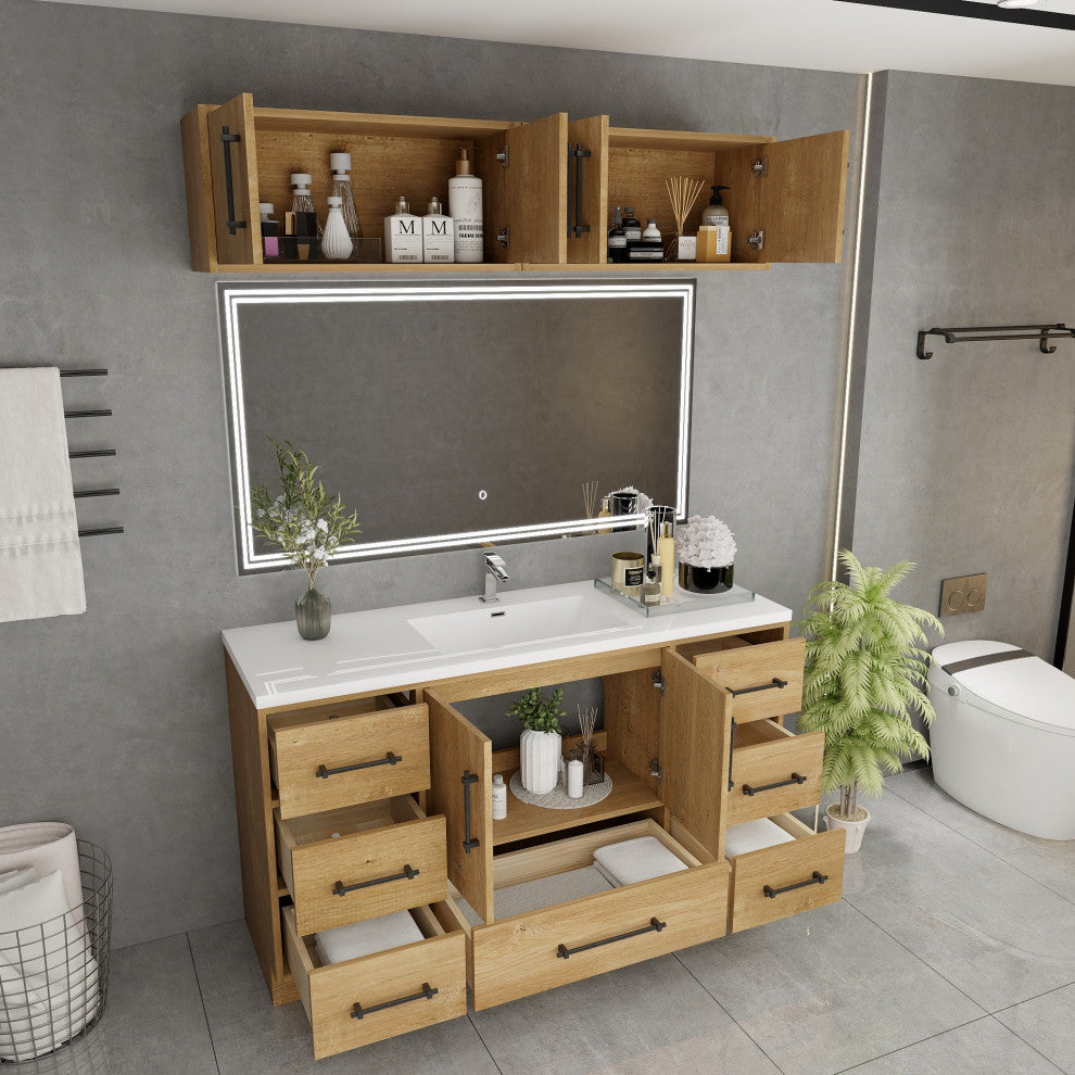 Victoria 60" Solid Wood Vanity Single Sink, Overhead Cabinet, Oak