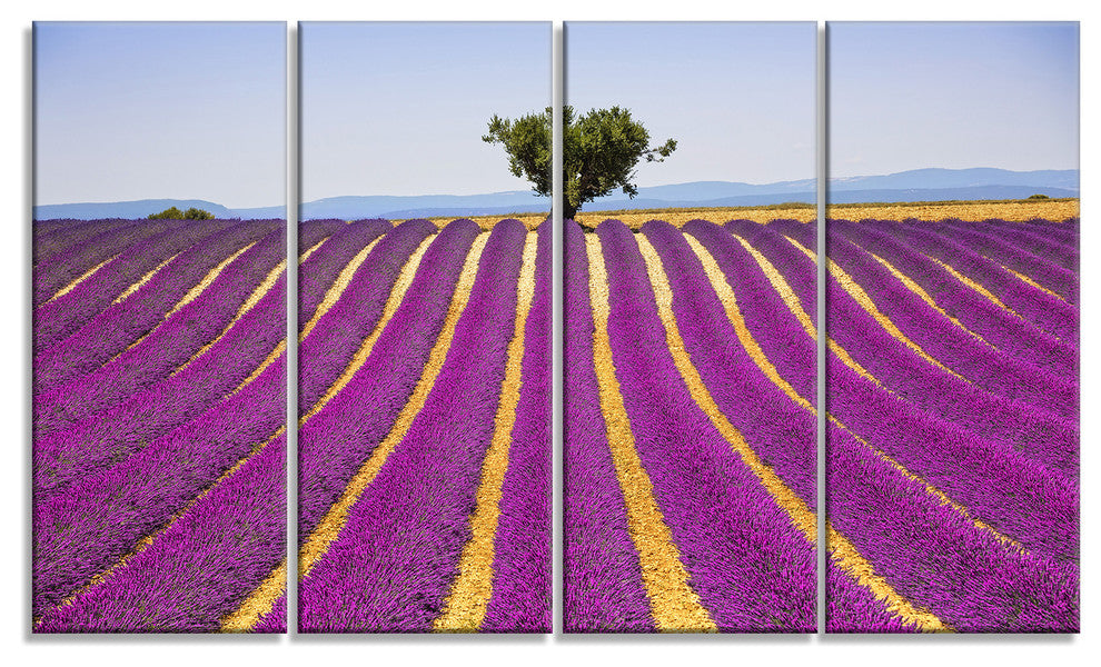 "Lavender And Lonely Tree Uphill" Landscape Wall Art Print, 4 Panels, 48"x28"