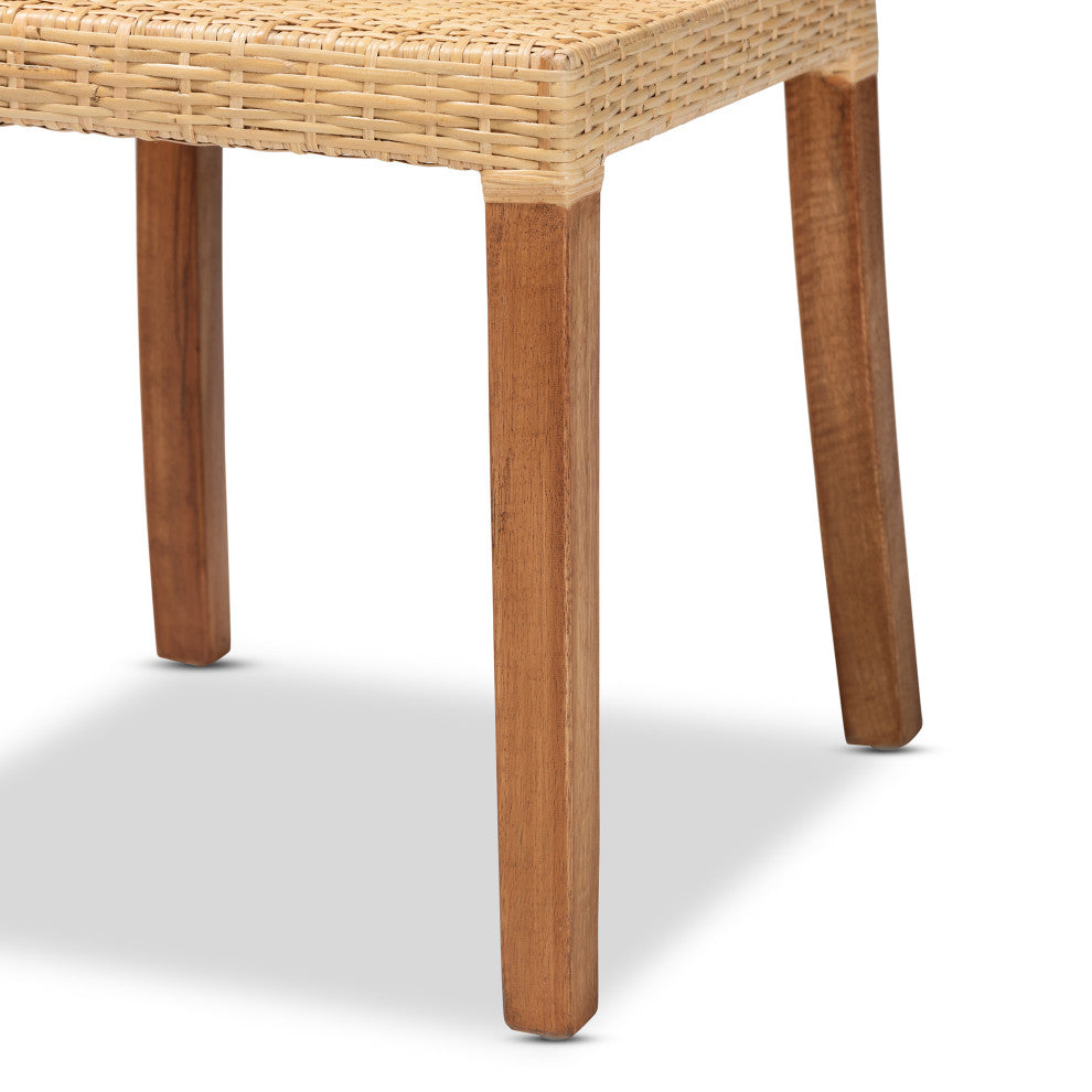 Caspia Modern Walnut Brown Finished Wood and Natural Rattan Dining Chair Set