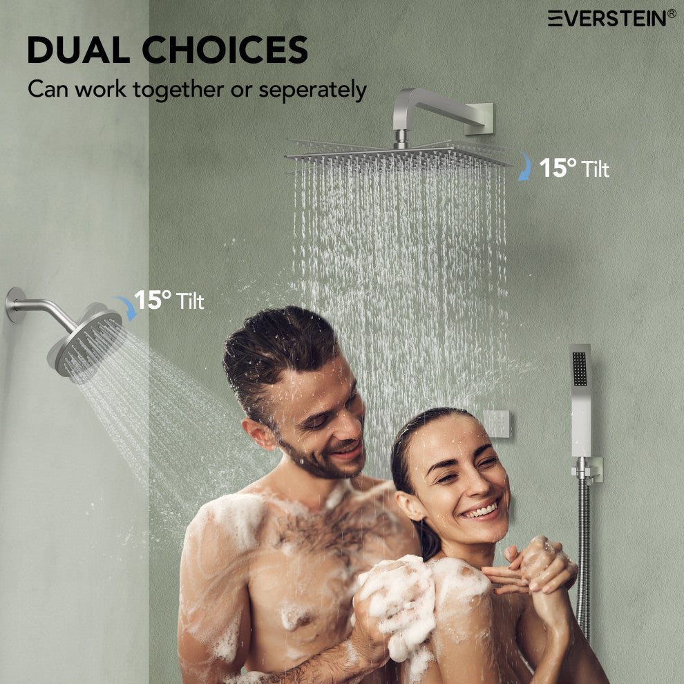 Dual Heads 12" Rain Shower System With 3 Way Thermostatic Faucet,Body Jets, Brushed Nickel