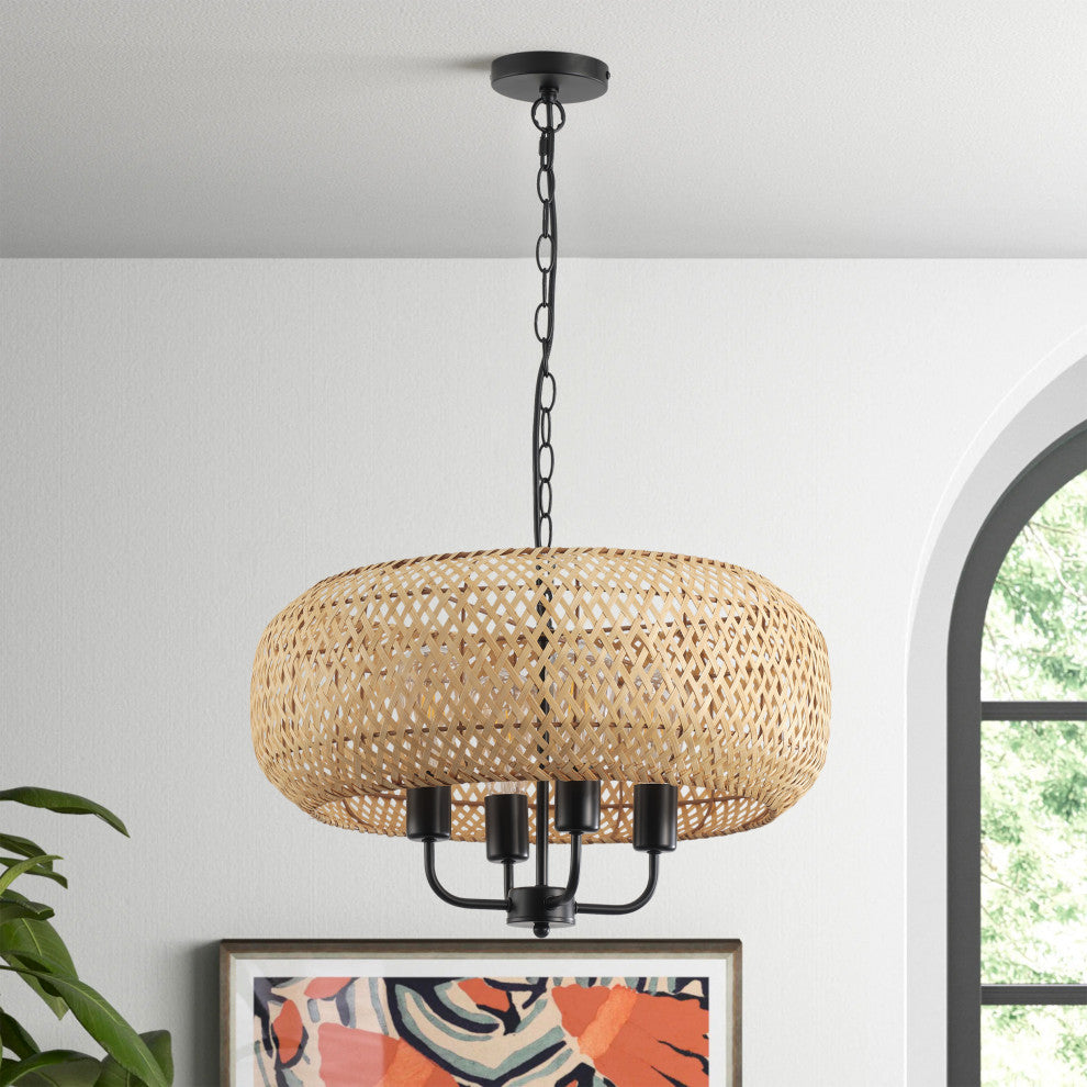 Farmhouse 4-Light Hand-Woven Natural Bamboo Pendant Light