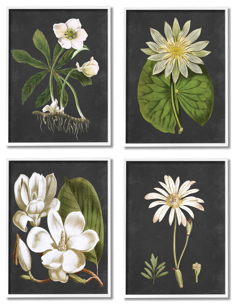 Vintage White Florals over Distressed Grey Lotus Daisies,4pc, each 11 x 14