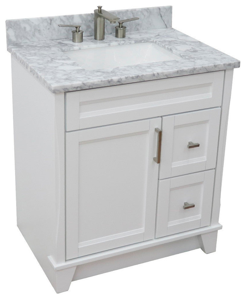 31" Single Sink Vanity, White Finish With White Carrara Marble
