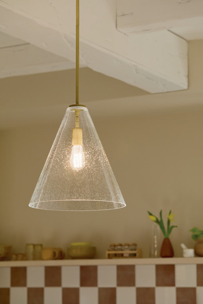 Everly 15.5" 1-Light Cone Pendant With Clear Seeded Glass, Natural Brass