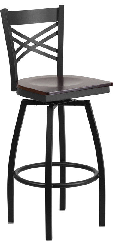 Dyersburg 30" Metal Barstool Black X-Style Back Swivel, Walnut Wood Seat