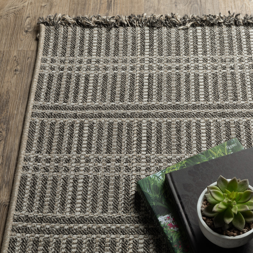 Genoa Geometric Lines Beige/ Black Flatwoven Indoor-Outdoor Area Rug 3'3" x 5'