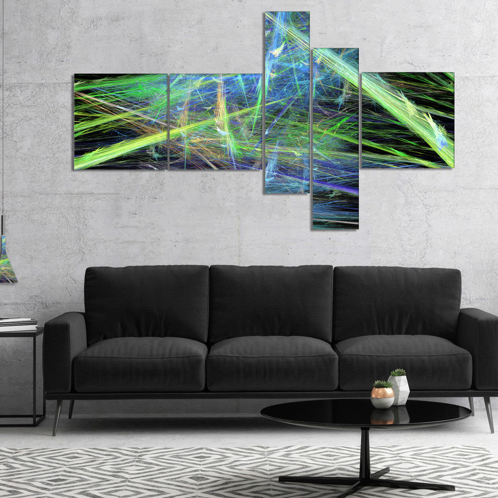 Green Blue Magical Fractal Pattern, Abstract Canvas Wall Art, 60"x32", 5 panels