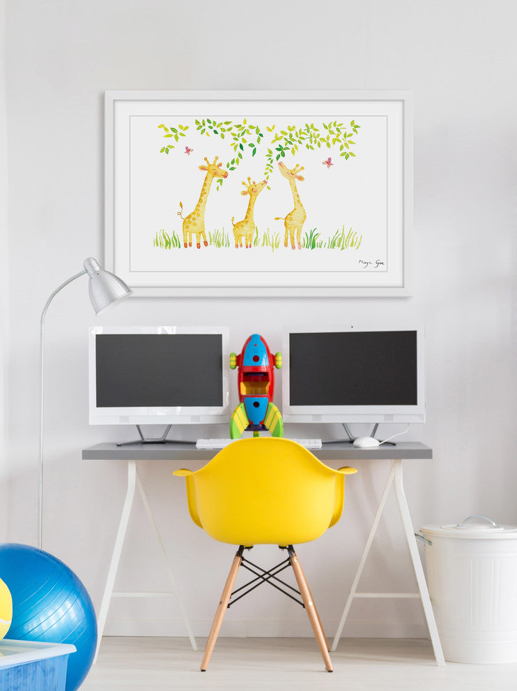 Marmont Hill, "Three Giraffes" by Maya Gur Framed Painting Print, 24x16