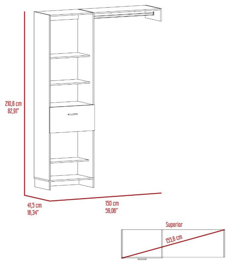 Hybrid 150 Closet System with 5 Open Shelves, 1 Drawer, and Metal Rod, Black
